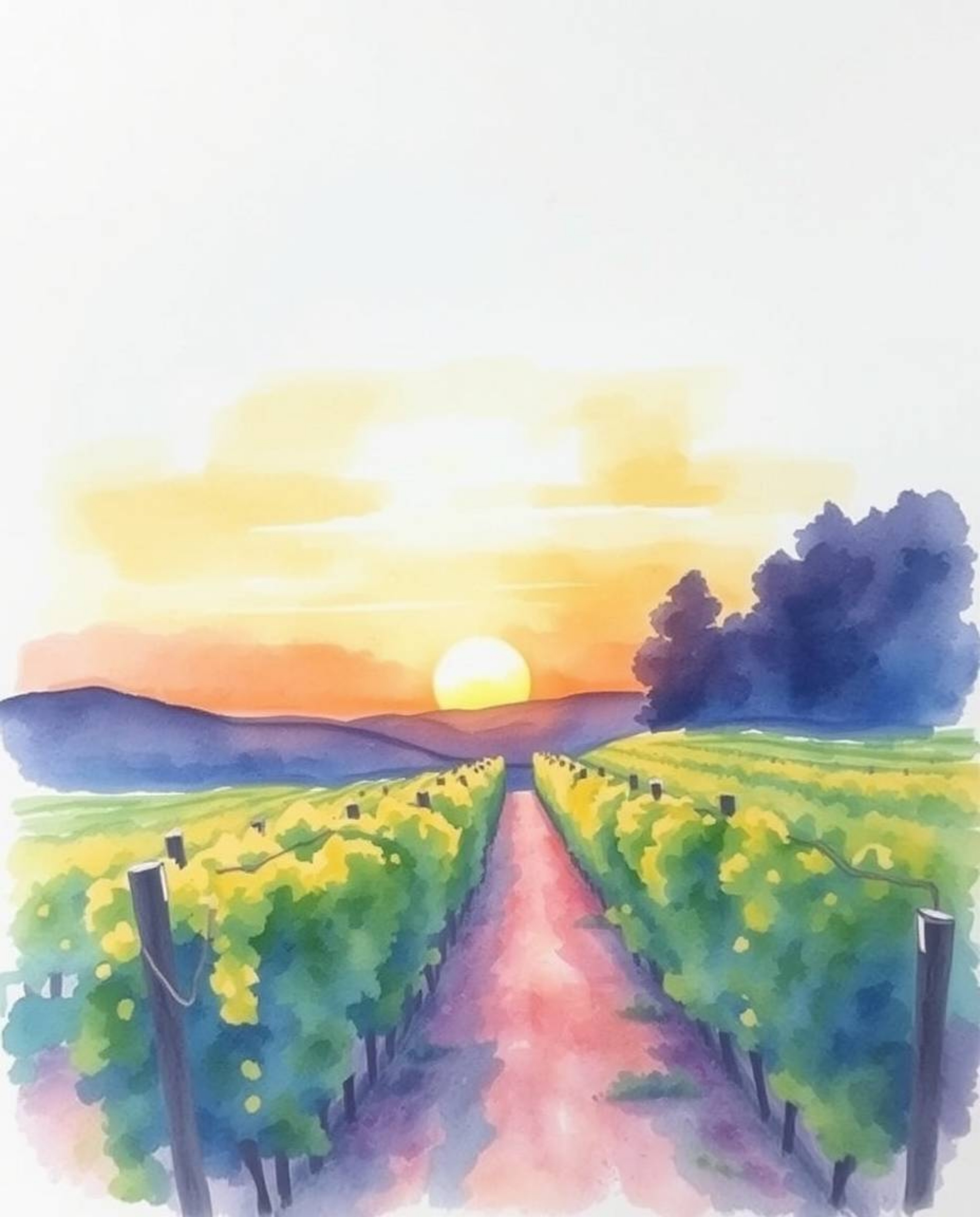 A delicate watercolor painting captures a sunset over a vineyard, featuring translucent washes and fluid brushstrokes that be