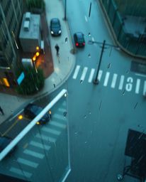 An overhead view captures a captivating wet rainy scene, showcasing a digital glitch landscape that appears to be breaking ap