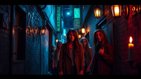 Discover a captivating image of rebellious teens in a grungy city alley, bathed in the enchanting contrast of cool and warm l