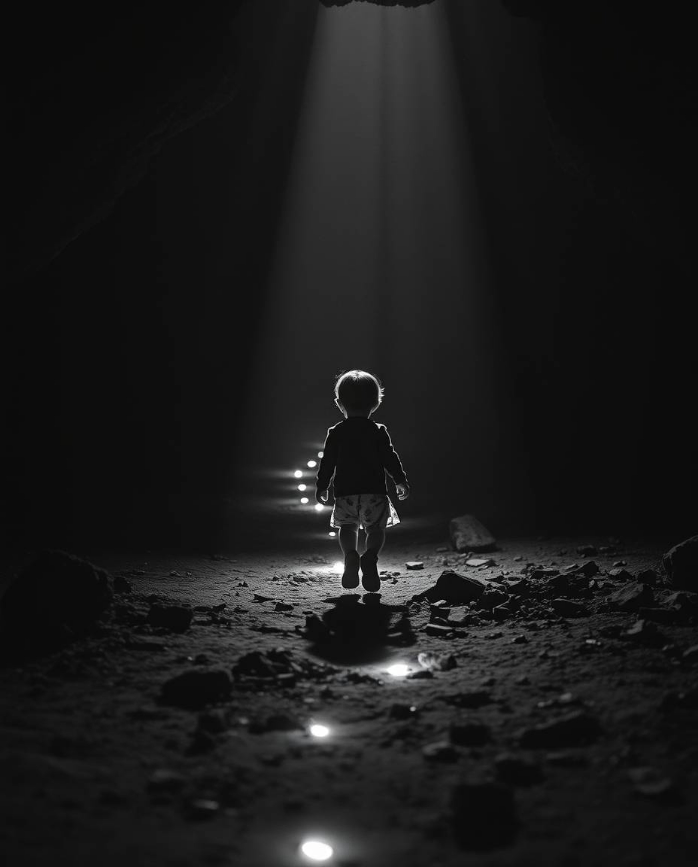 A captivating black and white cinematic photograph depicting a child following a trail of glowing footsteps leading into a da