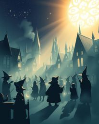 Discover a whimsical magical school brimming with young wizards, depicted in soft pastel colors against a bright backlight. T