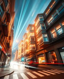 Explore a surreal street scene captured with long exposure photography, showcasing volumetric lighting, folding and twisting 