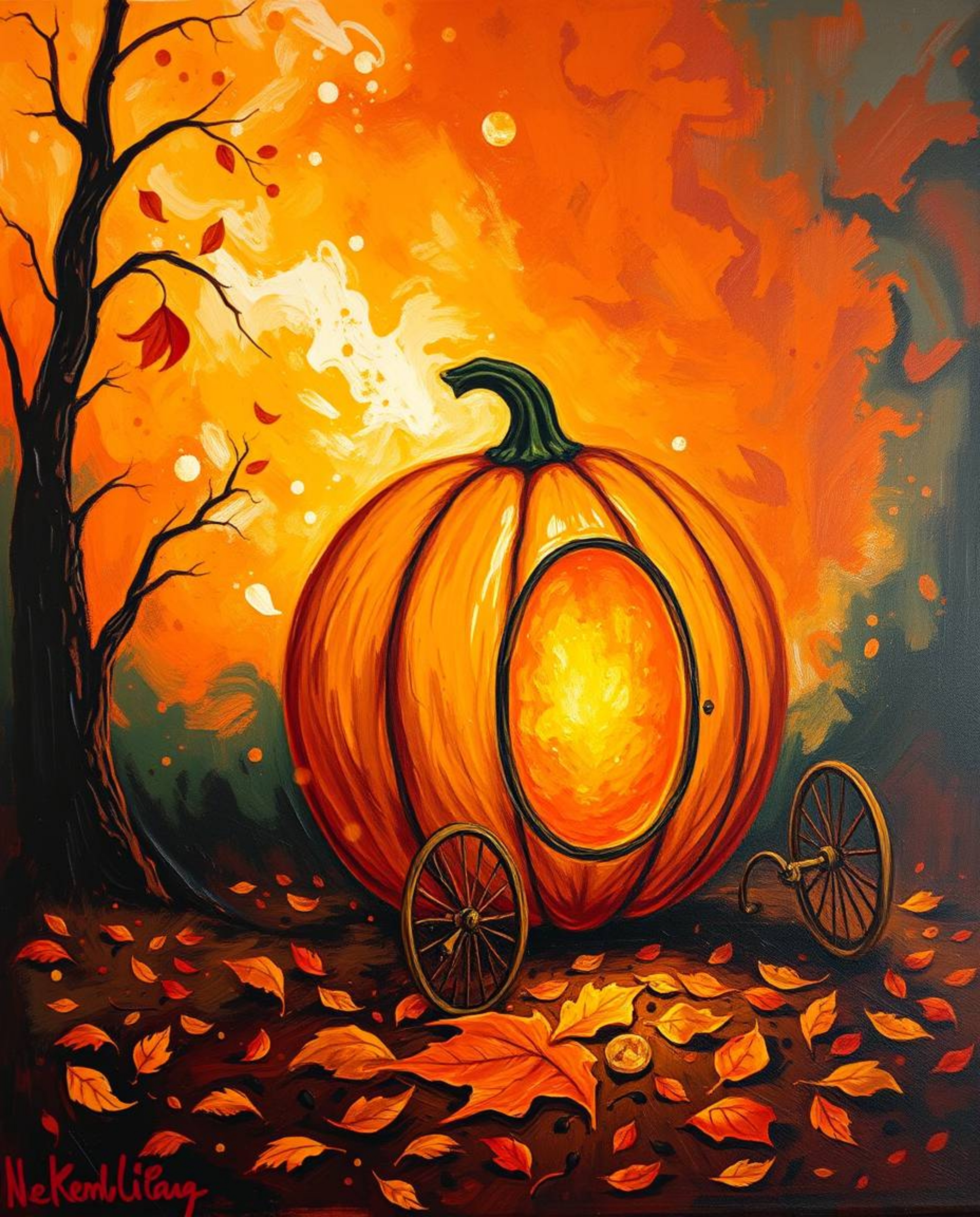 This bold acrylic painting captures the enchanting transformation of a magical pumpkin into a carriage, rendered in warm autu