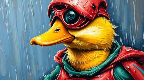 This vibrant acrylic painting features a tight close-up of a duck in a zany superhero costume, set against a wet and rainy ba