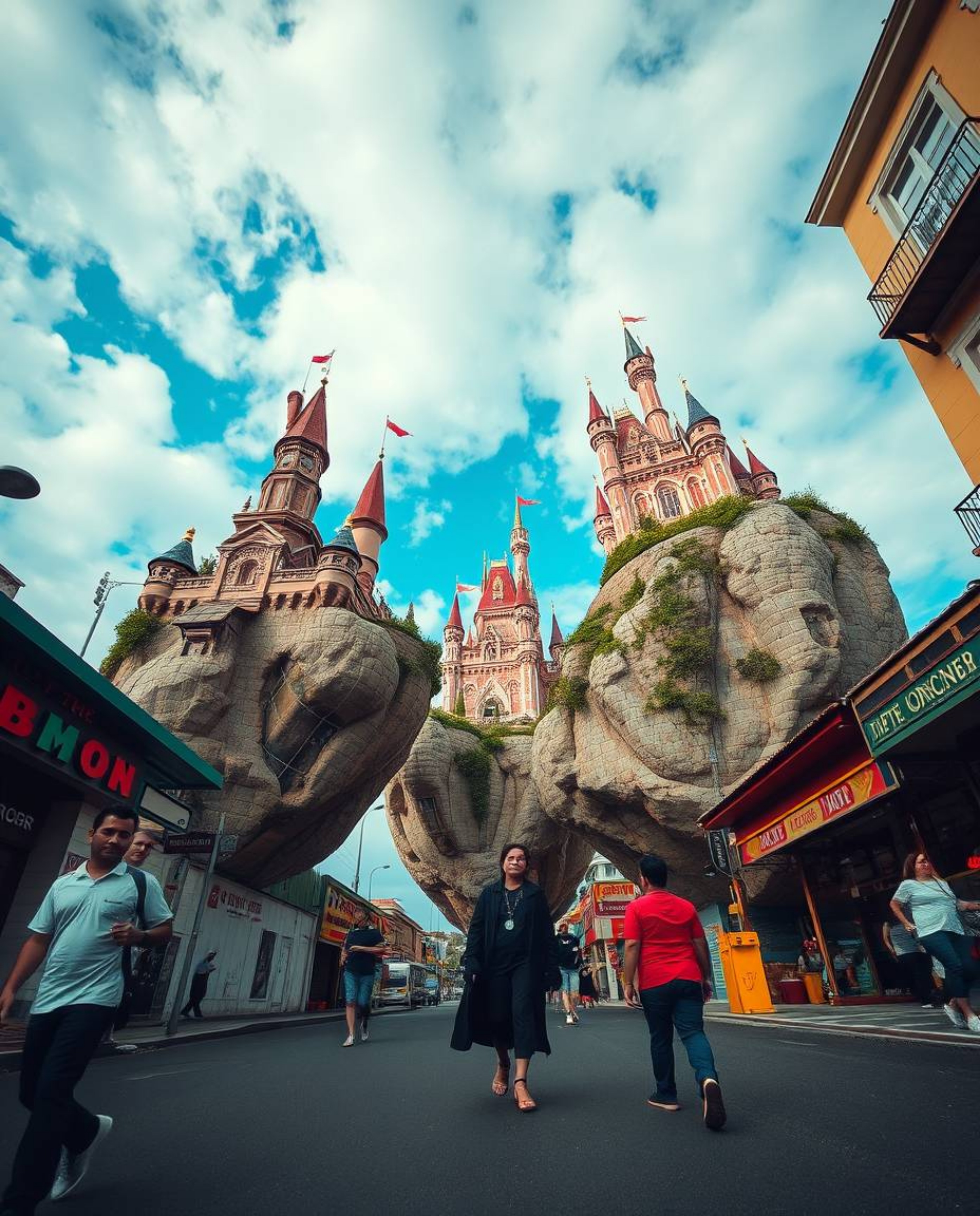 Experience a vibrant, candid street photography-style image of a whimsical kingdom.  Floating islands and colorful castles do