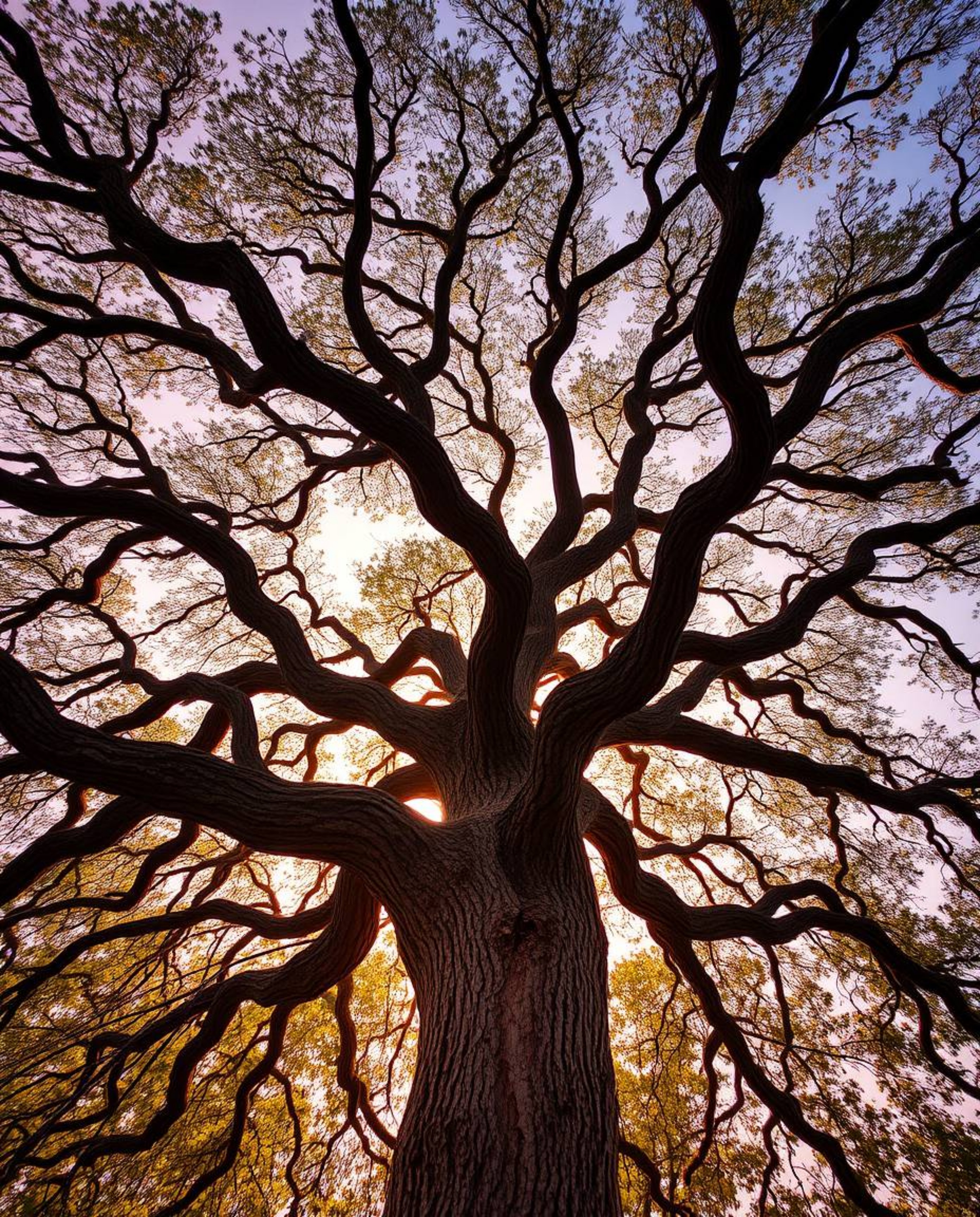 An overhead, top-down perspective of a sunset behind an old oak tree with twisted branches. This image features vibrant compl
