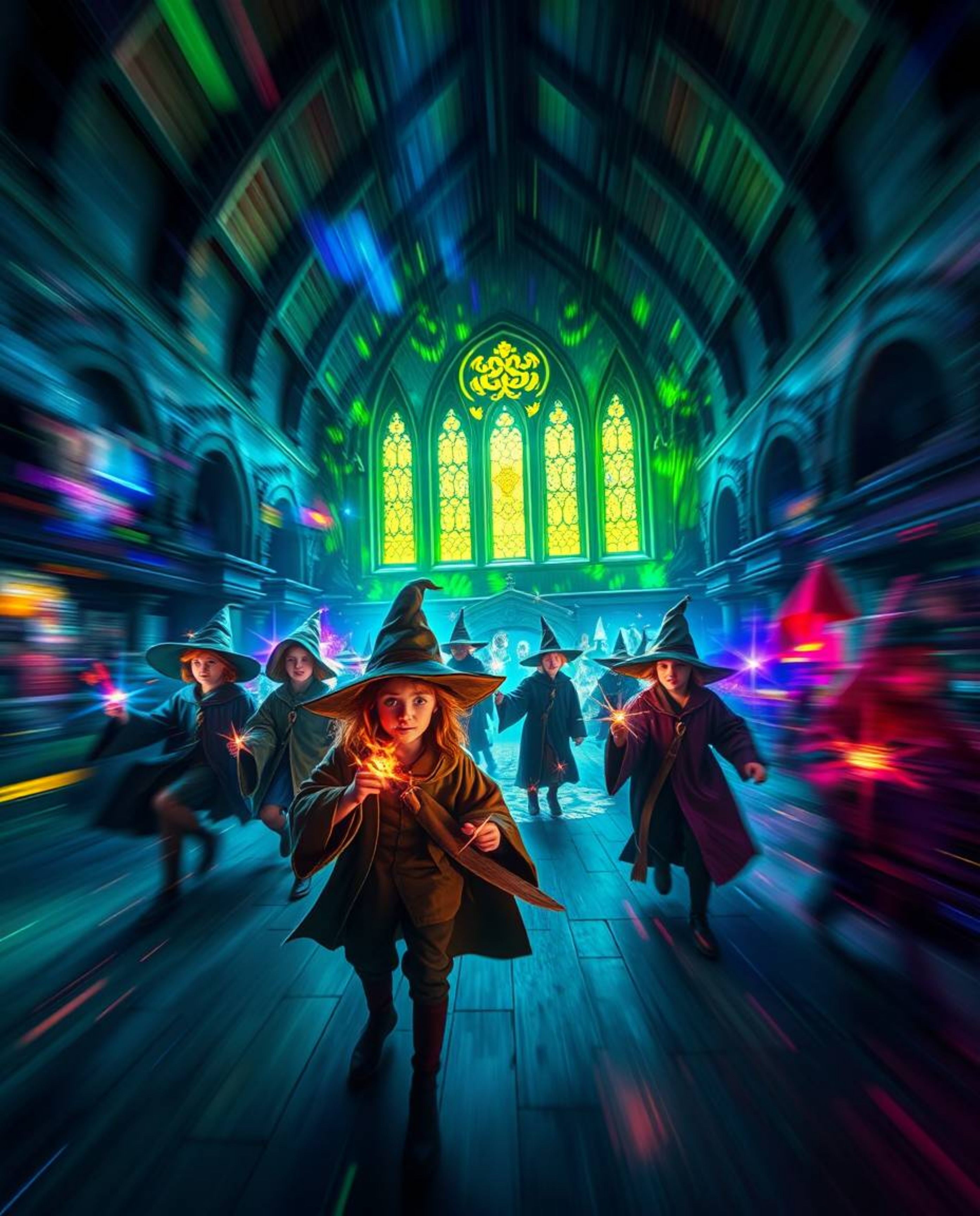 Discover a magical school brimming with young wizards, captivating dynamic motion blur, and stunning bioluminescent colors.