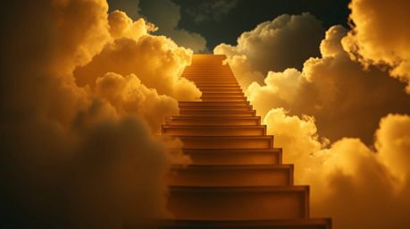 A captivating close-up reveals a golden staircase ascending through ethereal clouds, bathed in dramatic, low-key lighting.  D