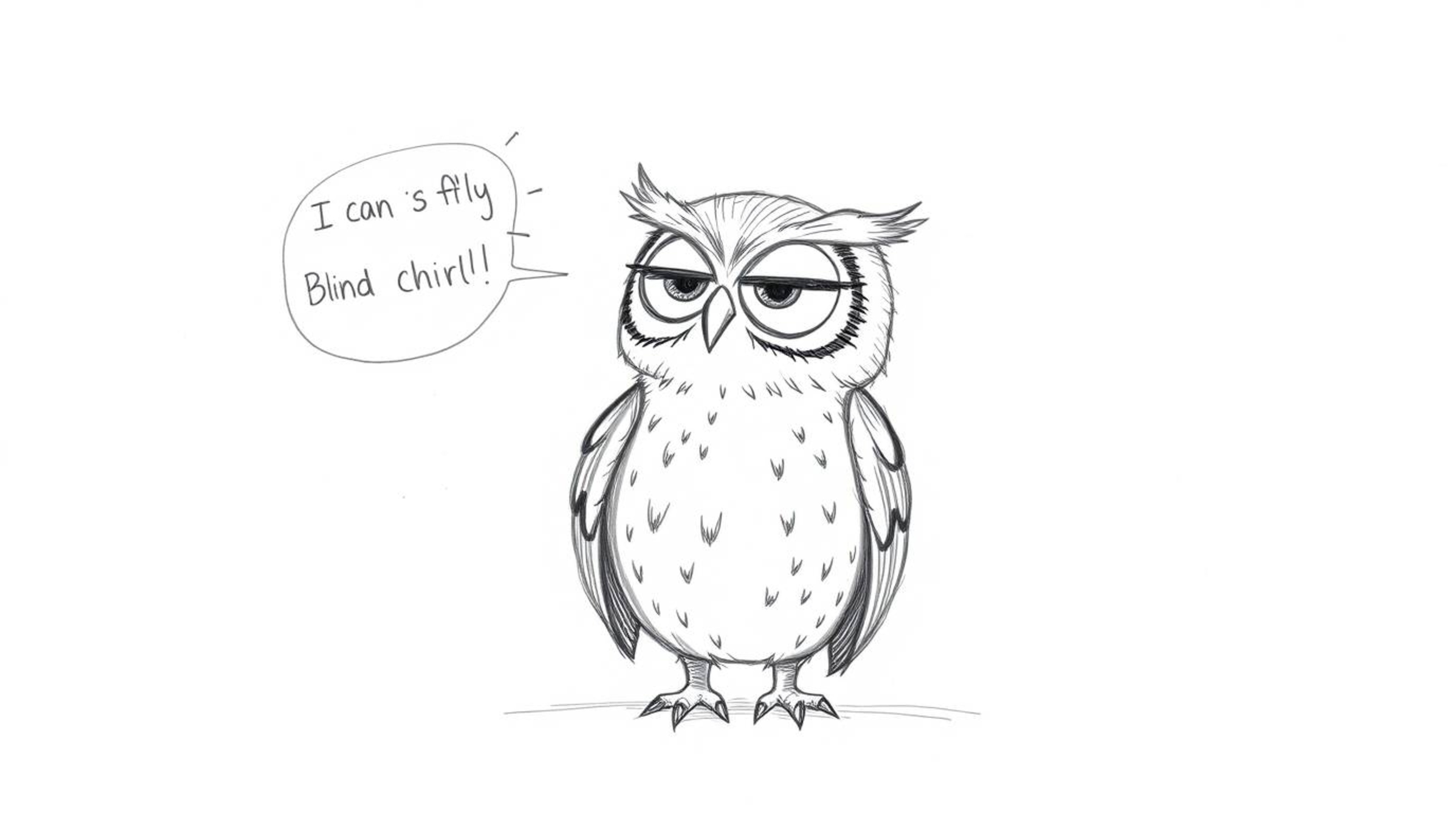 A heartwarming hand-drawn sketch in the style of Pixar depicts a blind owl, rendered with textured pencil strokes, passionate