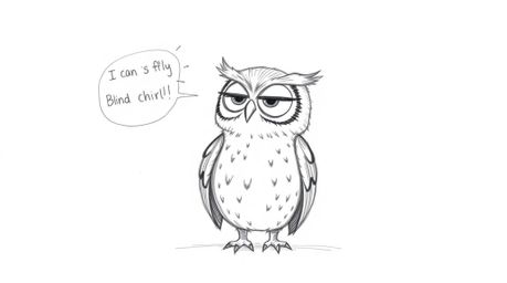 A heartwarming hand-drawn sketch in the style of Pixar depicts a blind owl, rendered with textured pencil strokes, passionate
