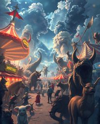Experience an epic and expressive composition where a vibrant carnival is overtaken by wild animals in a stunning Isekai anim