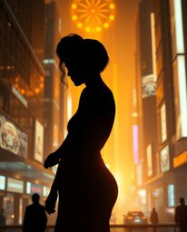 A captivating image depicts a graceful silhouette against the backdrop of a futuristic city bathed in a warm, golden glow.  F