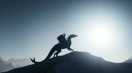 A breathtaking silhouette of a dragon and its rider soaring above a majestic range of icy mountains. The scene is dramaticall