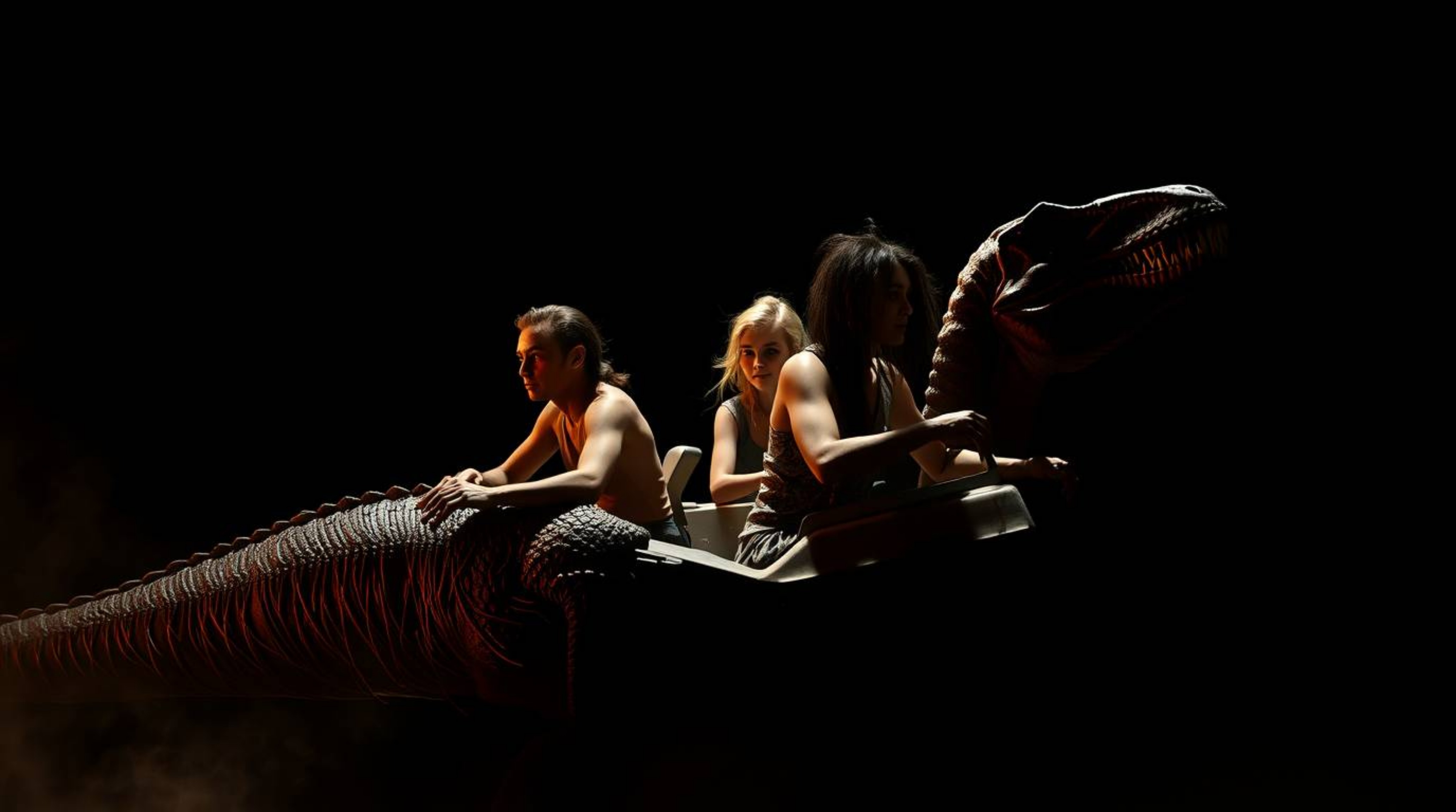 Experience a visually stunning scene of a prehistoric family with deep skin tones riding a dinosaur car, immersed in a cinema