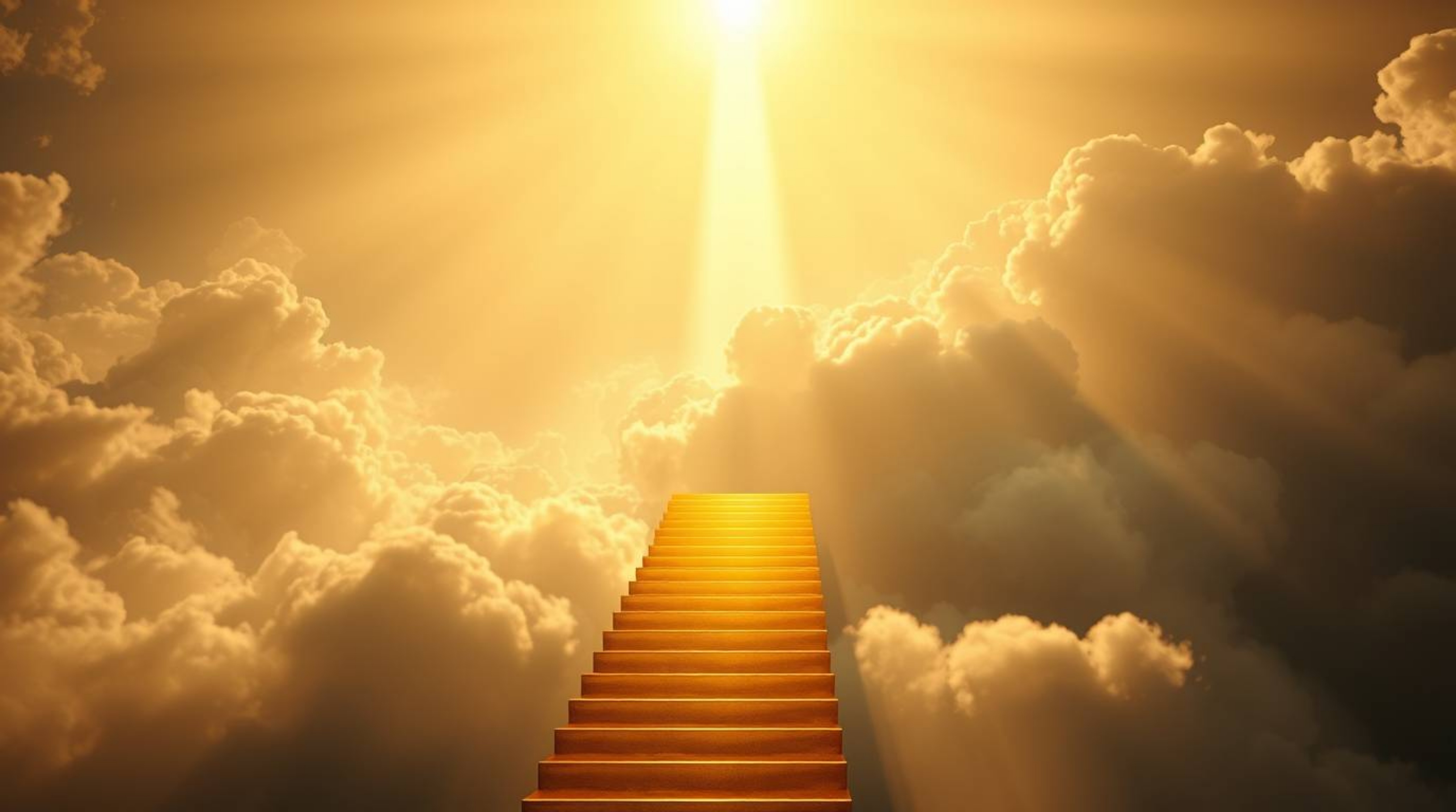 A breathtaking scene unfolds as a golden staircase ascends through a sea of clouds towards a radiant heaven, where rays of su
