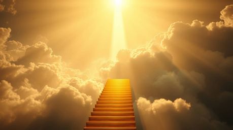 A breathtaking scene unfolds as a golden staircase ascends through a sea of clouds towards a radiant heaven, where rays of su
