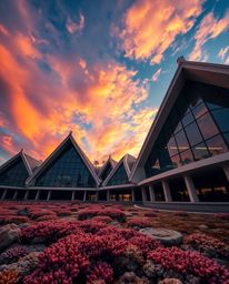 A precise architectural color photograph captures a colorful sky over a coral reef at low tide, bathed in the warm, soft glow