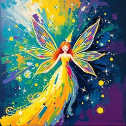 A captivating acrylic painting depicting a fairy godmother emerging from a swirl of sparkling light.  The artwork features bo