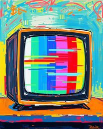 A captivating acrylic painting presents a strikingly close-up view of a TV screen caught in a moment of RGB-separated glitch 