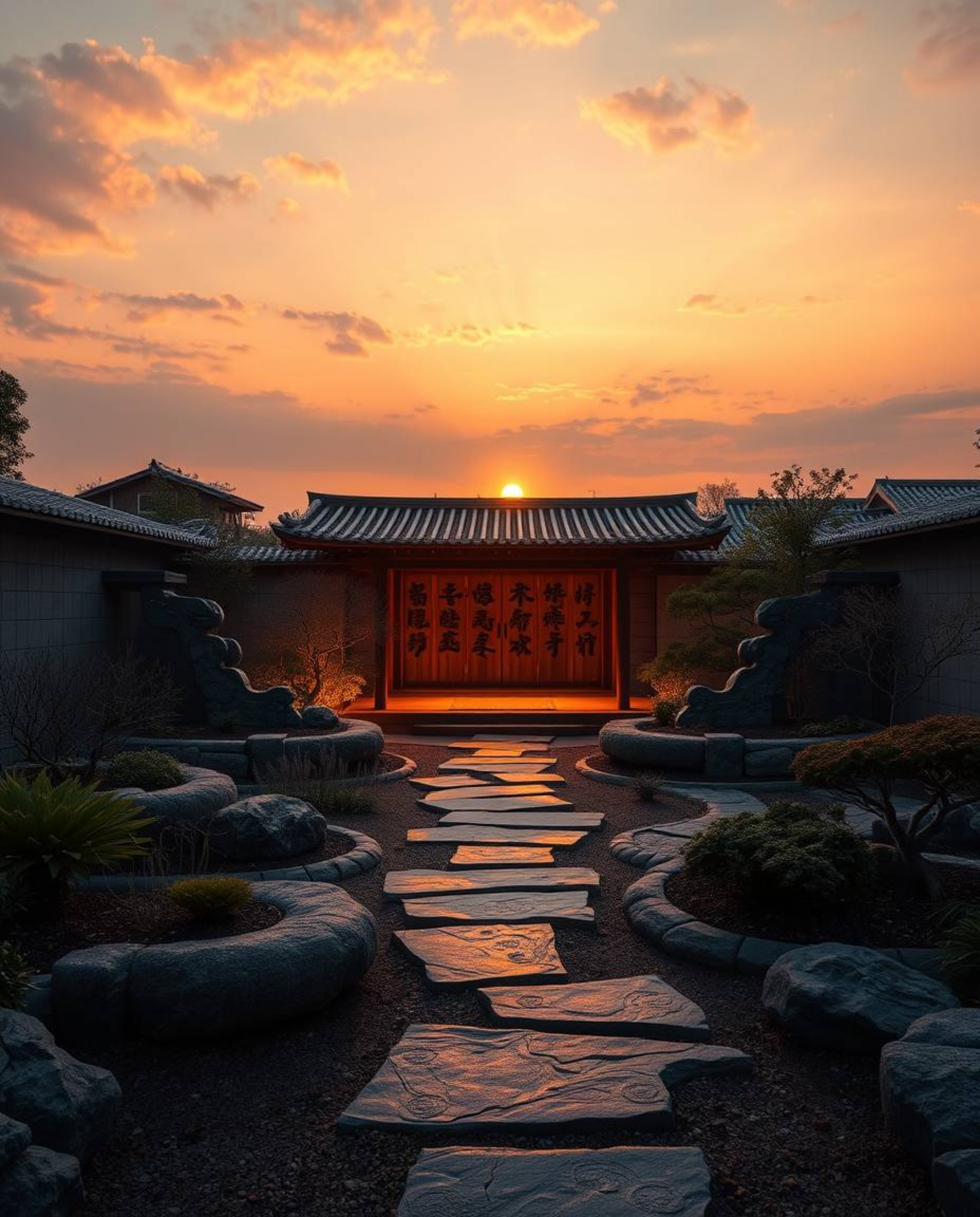 A graceful and elegant creative light art photograph of a serene Zen garden at sunset, featuring artistic lighting and abstra