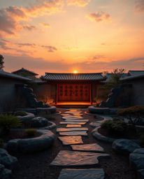 A graceful and elegant creative light art photograph of a serene Zen garden at sunset, featuring artistic lighting and abstra