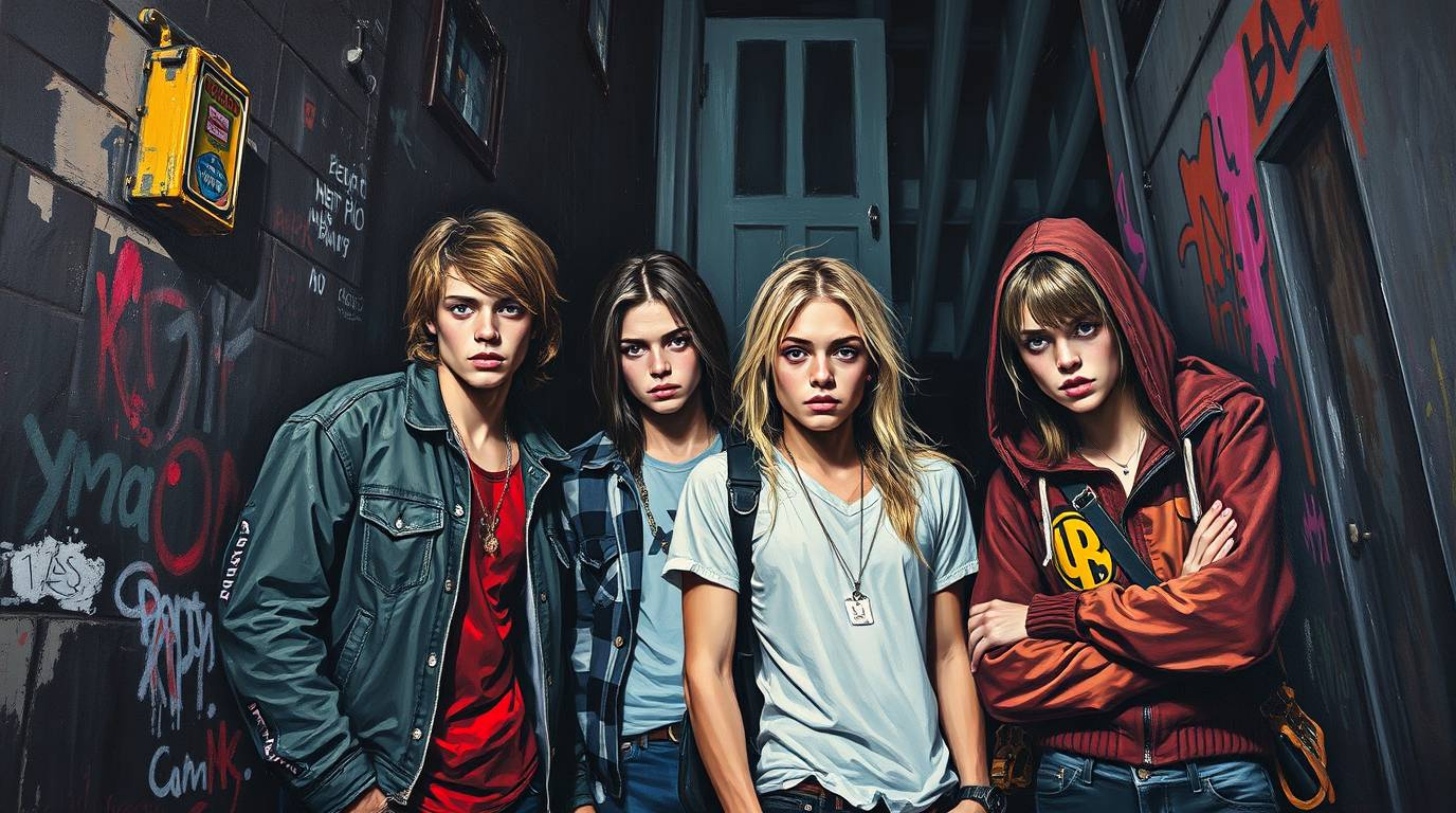 A striking acrylic painting depicts rebellious teens in a gritty urban alley. The artwork features intense jet black, deep sh