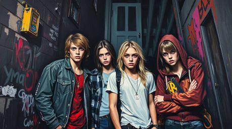 A striking acrylic painting depicts rebellious teens in a gritty urban alley. The artwork features intense jet black, deep sh