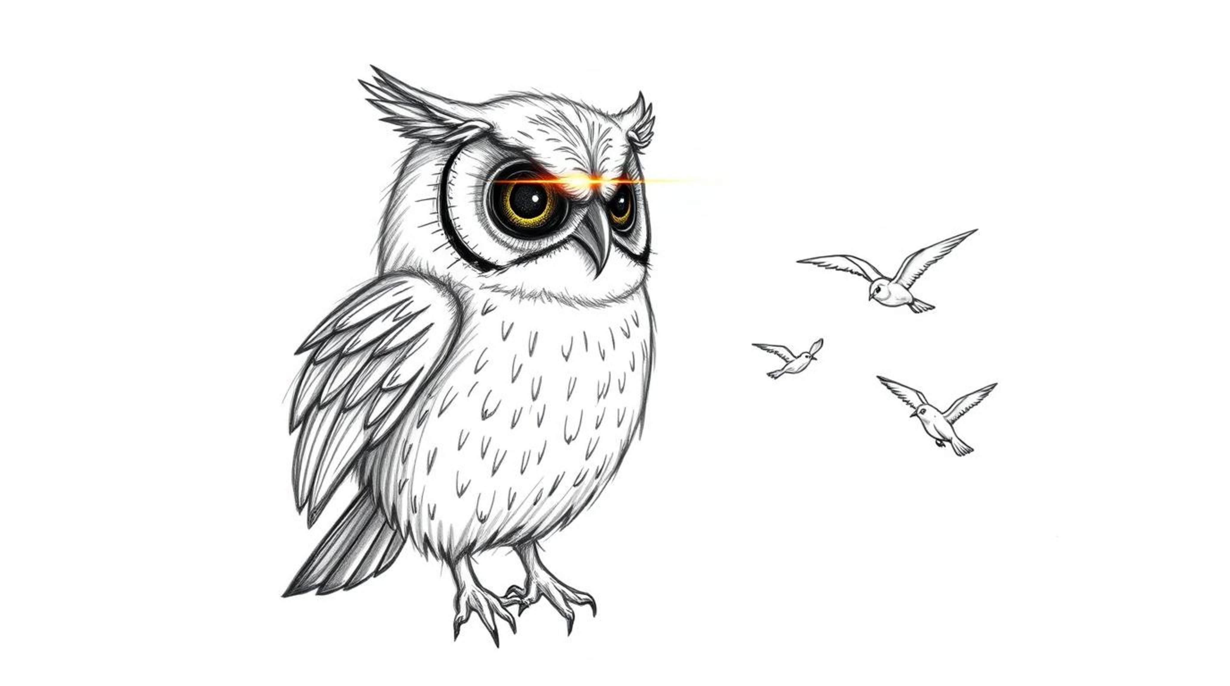 A heartwarming hand-drawn sketch in the style of Pixar depicts a blind owl with feathers radiating in the sunbeam, tenderly g
