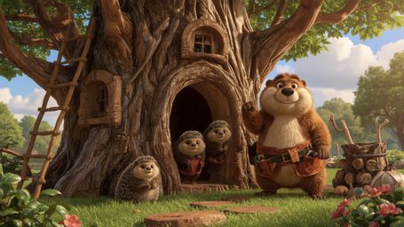 A highly detailed, high-resolution stock photo of a busy beaver, inspired by Pixar's whimsical style, constructing a cozy, el