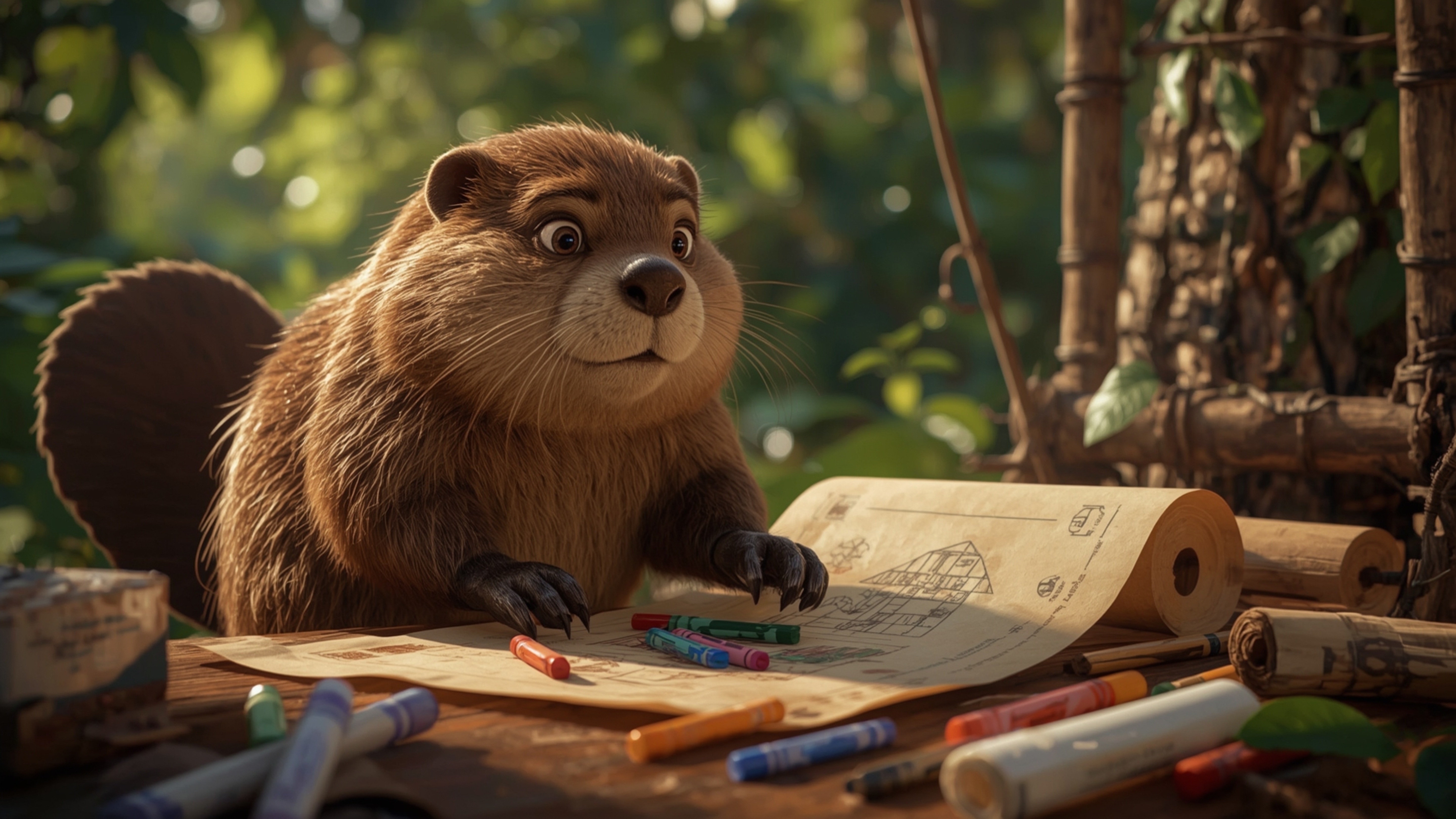 A highly detailed, high-resolution stock photo captures a beaver with a kind face and sparkling eyes, busily building the per