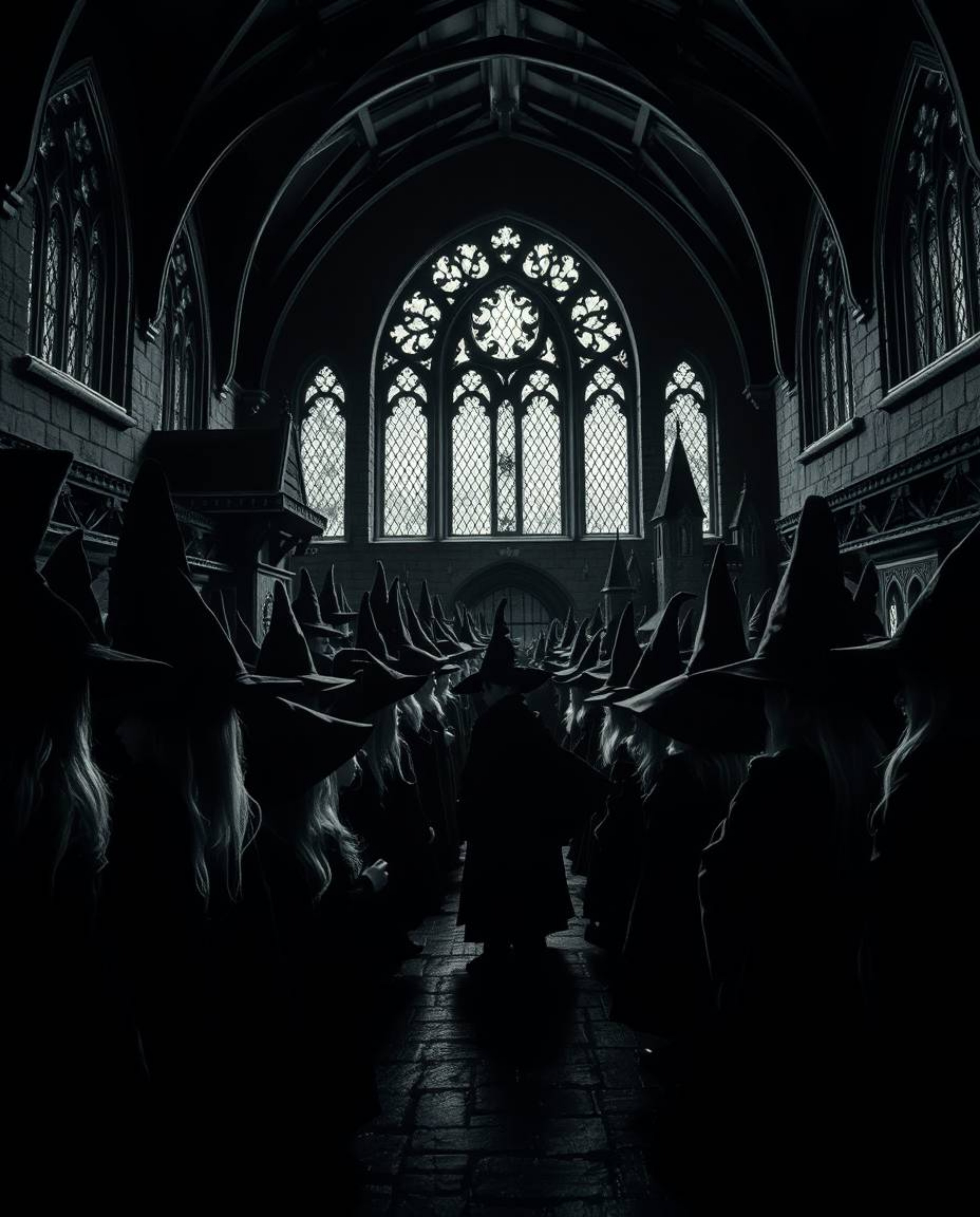 Explore a mystical realm within the walls of a magical school brimming with young wizards. This high-contrast monochrome rend