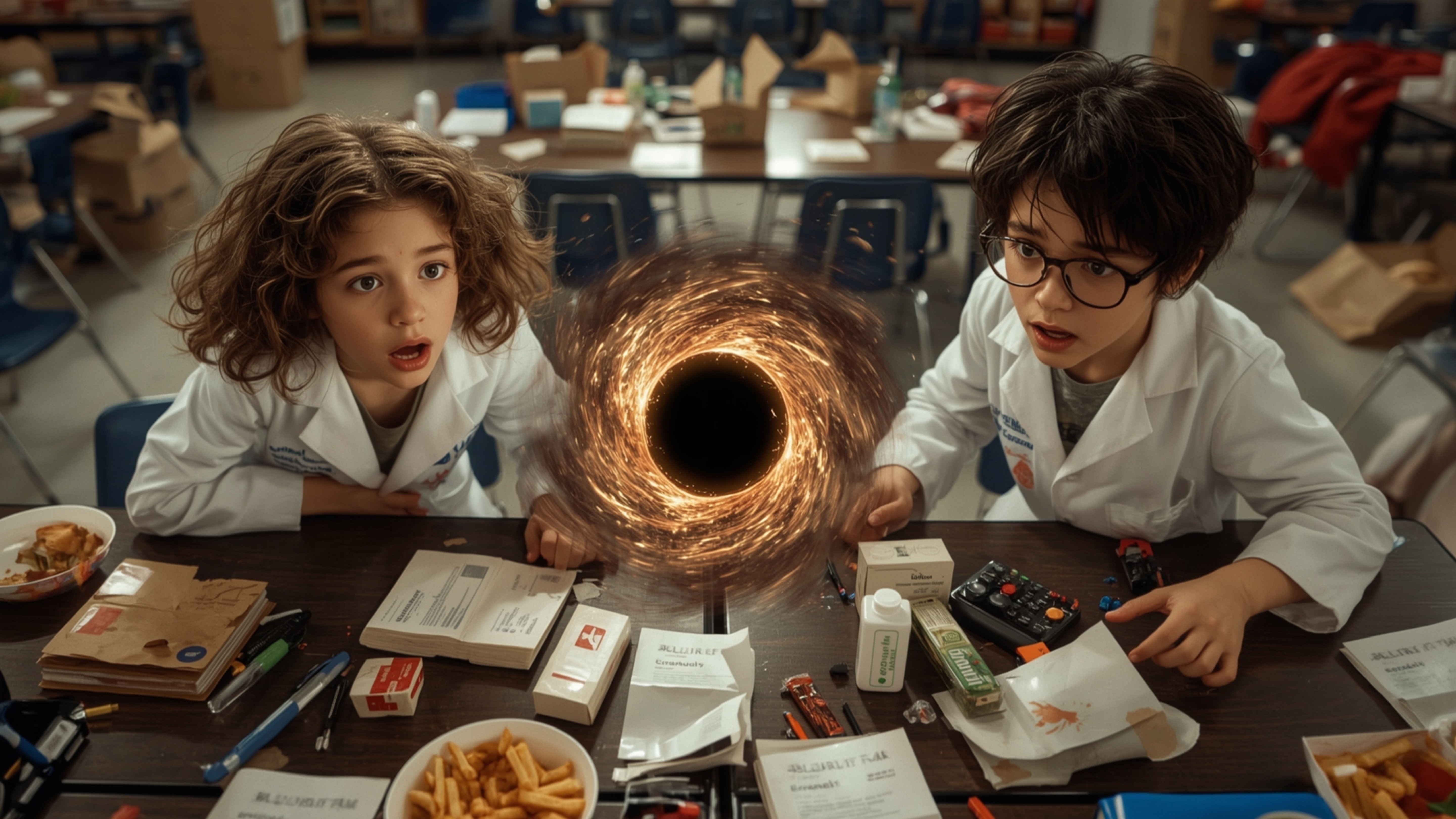 In a cinematic, high-contrast photograph reminiscent of Pixar's signature style, a shocked and bewildered science fair duo st