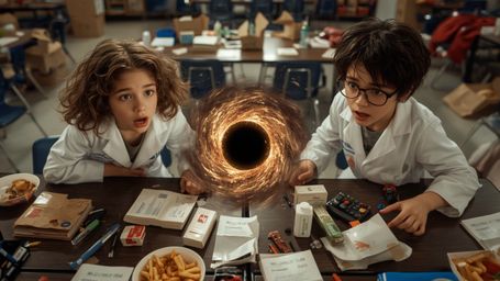 In a cinematic, high-contrast photograph reminiscent of Pixar's signature style, a shocked and bewildered science fair duo st