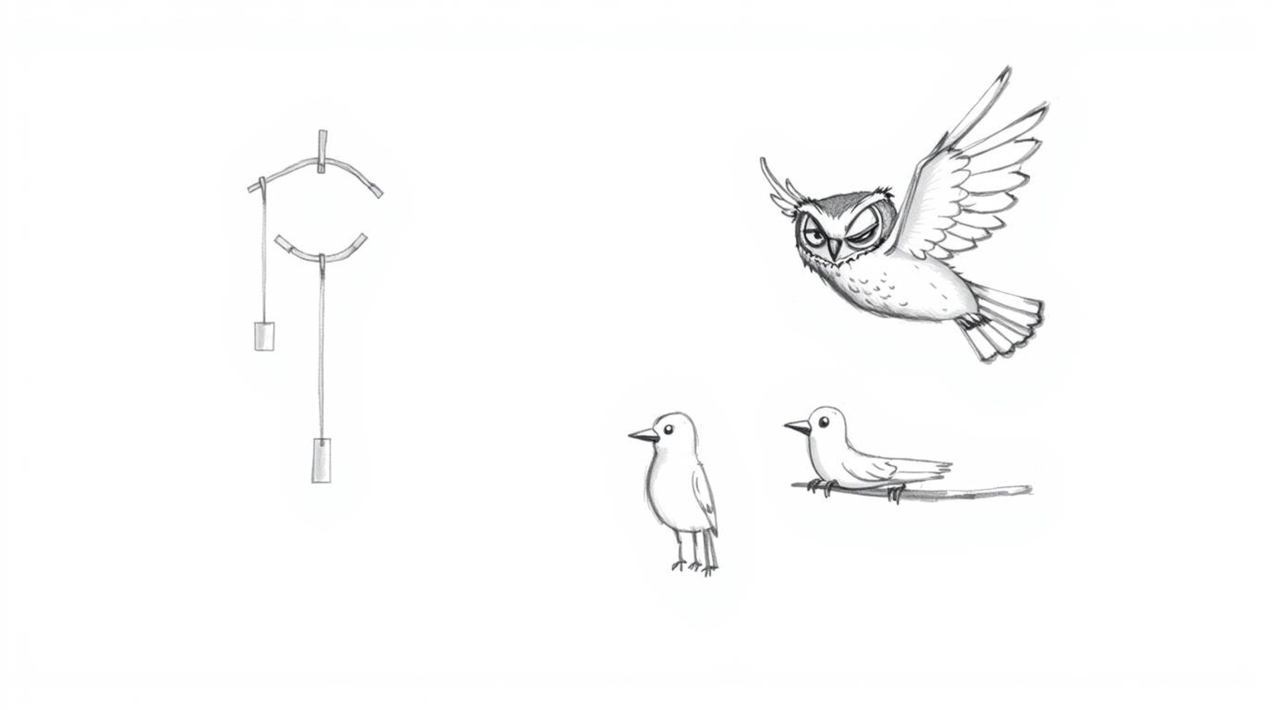 A charming hand-drawn sketch reminiscent of Pixar's style, depicts a blind owl ingeniously teaching birds to fly. He utilizes