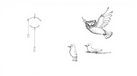 A charming hand-drawn sketch reminiscent of Pixar's style, depicts a blind owl ingeniously teaching birds to fly. He utilizes