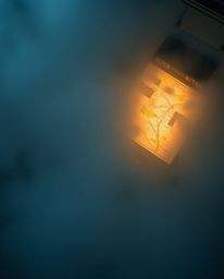 Experience a captivating scene: an aerial, top-down view of an aged study enveloped in thick fog, where a glowing map is proj
