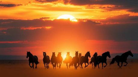 Witness a stunning scene of silhouetted wild horses running dynamically beneath a vibrant, glowing sky. The back-lit composit