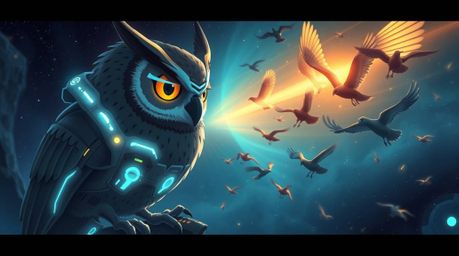 A captivating futuristic sci-fi illustration depicts a blind owl, rendered in a Pixar-esque style, whispering words of encour