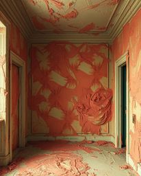 Experience the vibrant chaos of a room exploding with paint, rendered in the timeless style of classic oil painting. Rich tex