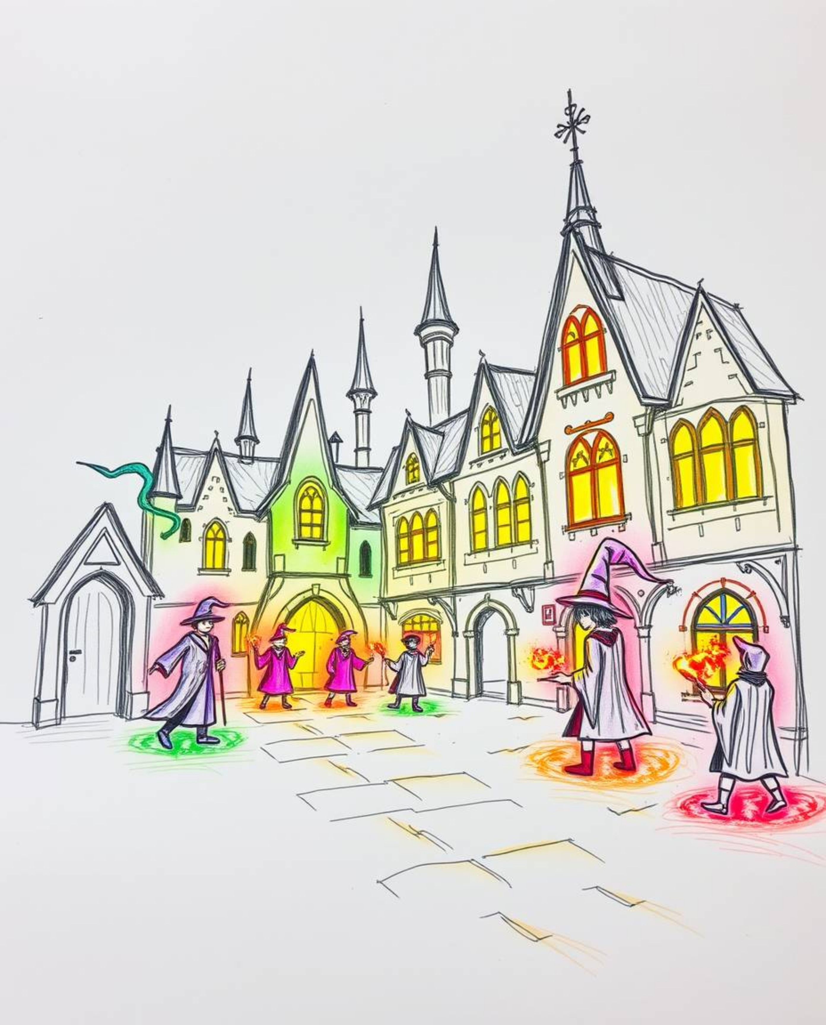Explore a hand-drawn sketch of a magical school teeming with young wizards, rendered in glowing bioluminescent colors and rou