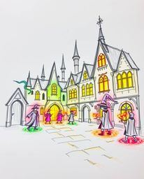 Explore a hand-drawn sketch of a magical school teeming with young wizards, rendered in glowing bioluminescent colors and rou