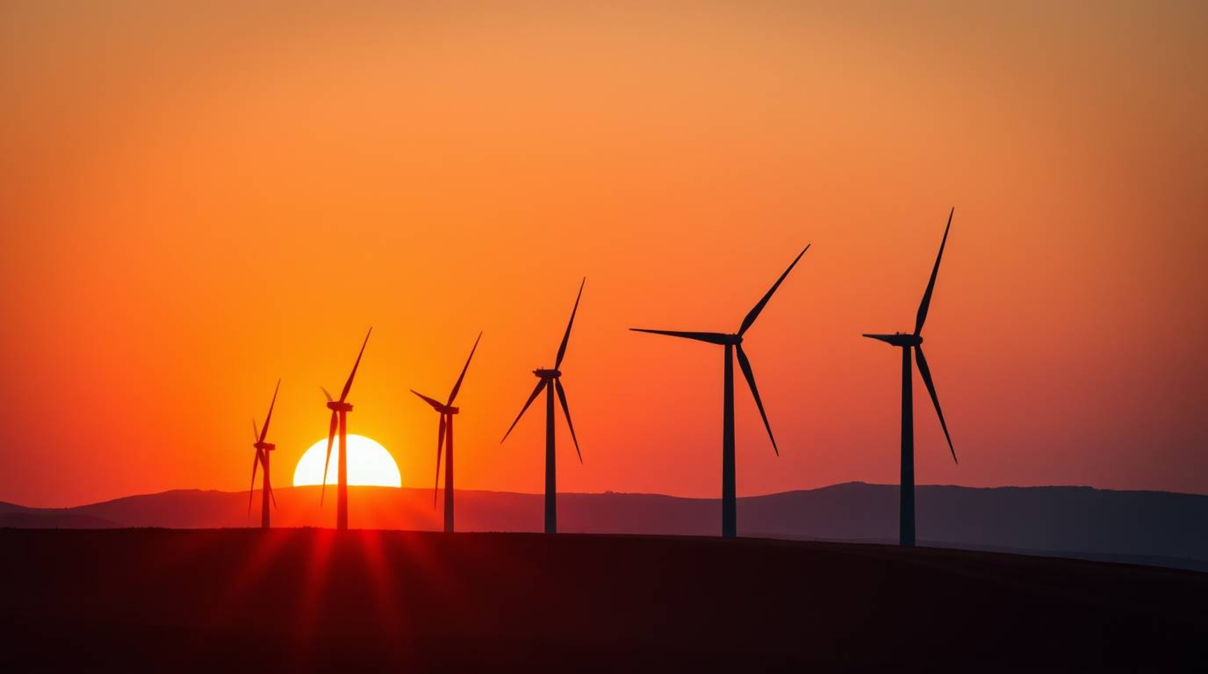 Capture the beauty of renewable energy with this precise architectural color photograph of a sunset behind a row of wind turb