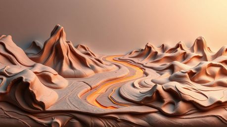Discover a captivating clay sculpture depicting a river delta bathed in the warm glow of twilight. This elegant artwork featu