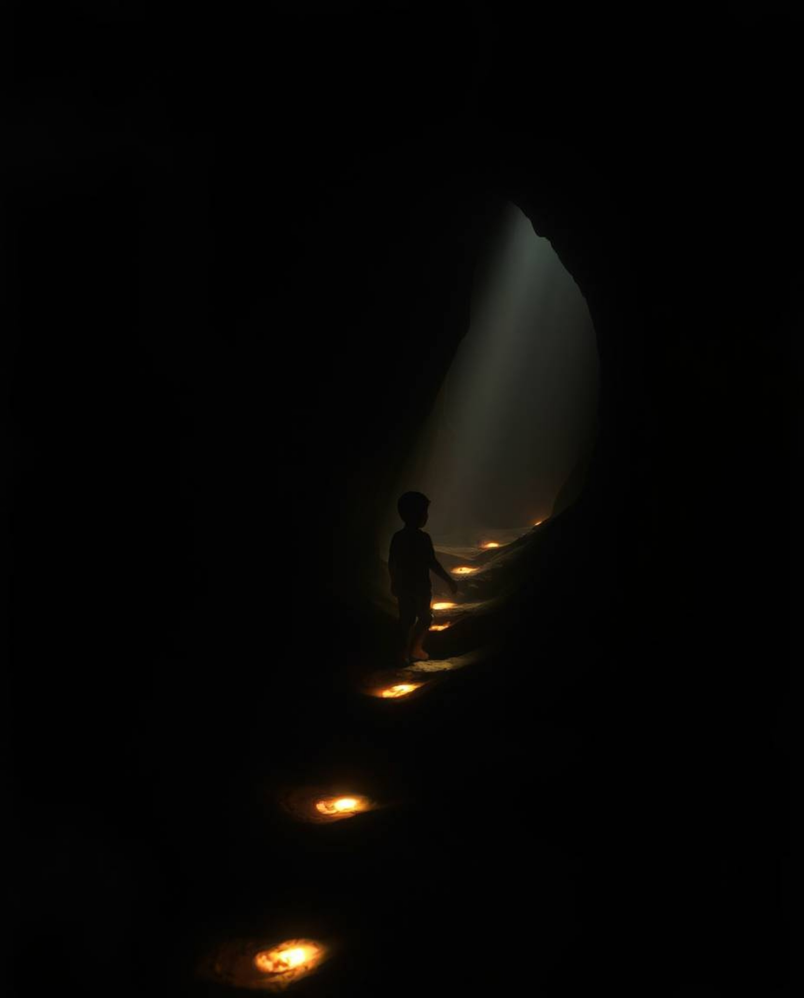 A captivating image depicting a child venturing into a cave, guided by glowing footsteps. The scene is bathed in contrasting 