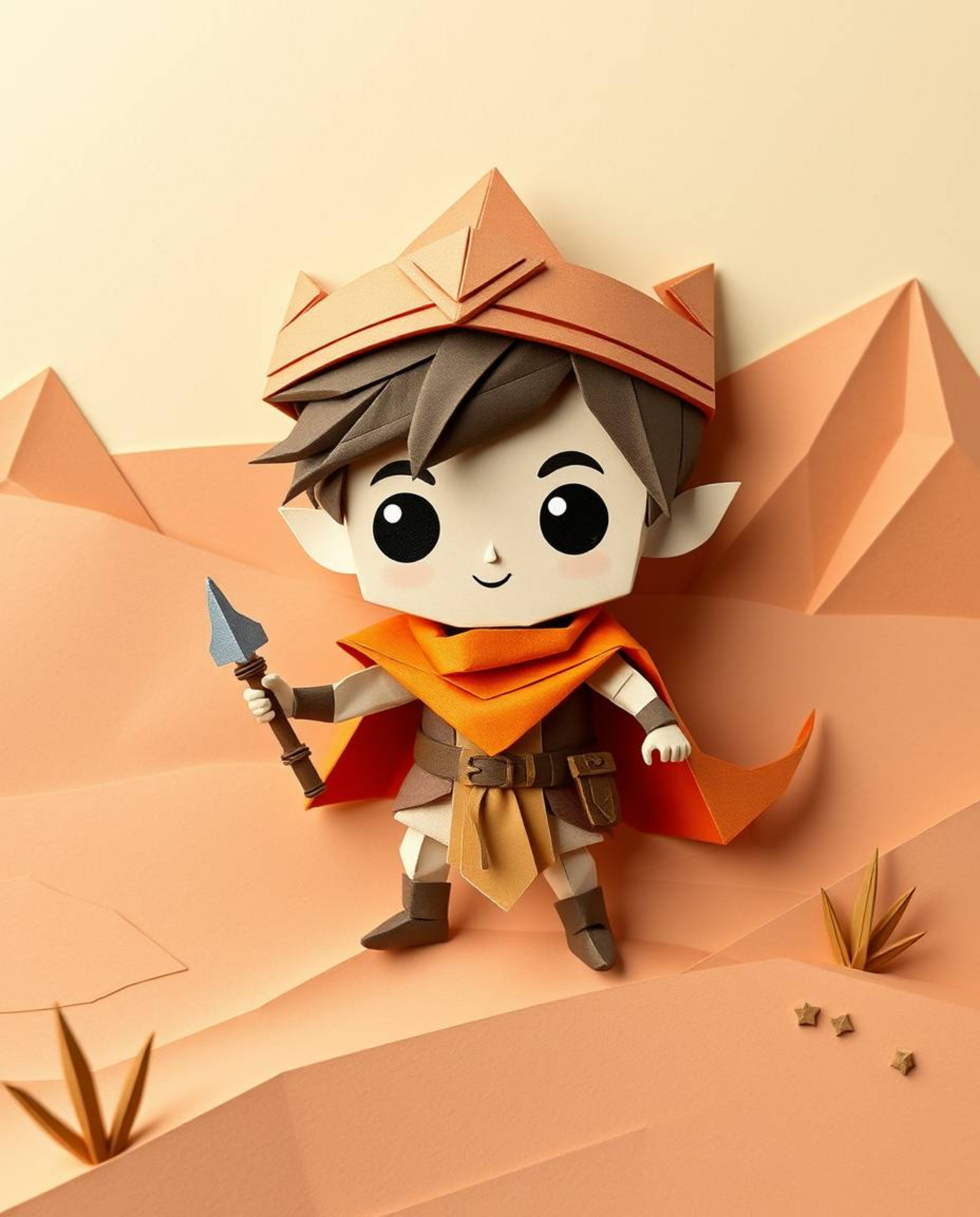Discover a charming origami illustration of a brave, Disney-esque hero embarking on a thrilling desert adventure.  This intri