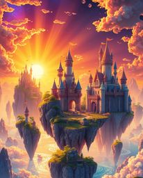 Immerse yourself in a vibrant kingdom filled with floating islands and majestic castles, bathed in a warm golden glow that ra
