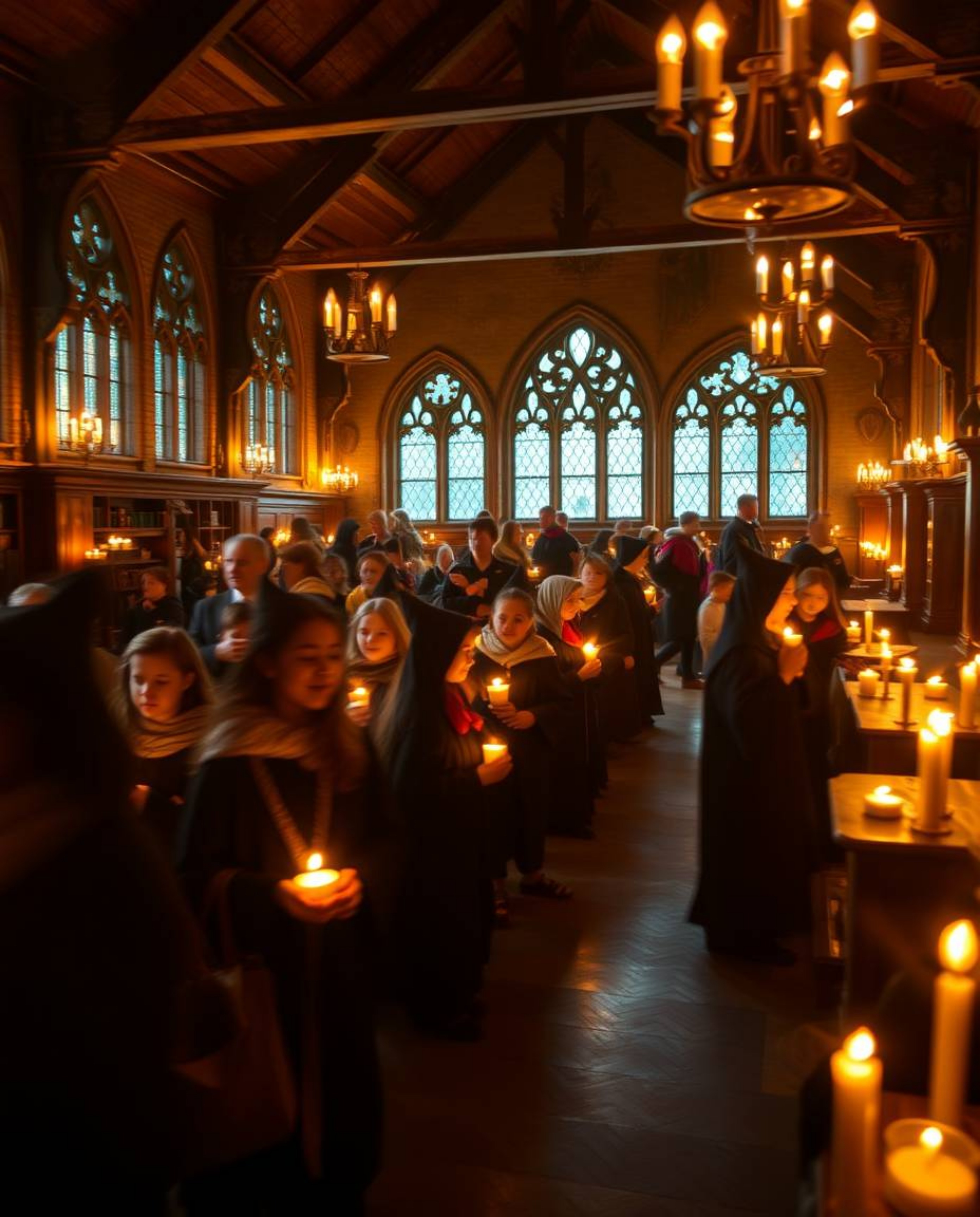 A captivating long-exposure photograph showcases a magical school brimming with young wizards.  Warm candlelight illuminates 