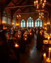 A captivating long-exposure photograph showcases a magical school brimming with young wizards.  Warm candlelight illuminates 