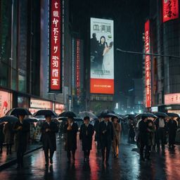 Experience the vibrant energy of a busy Tokyo street, even in the rain. This scene captures the essence of modern Tokyo with