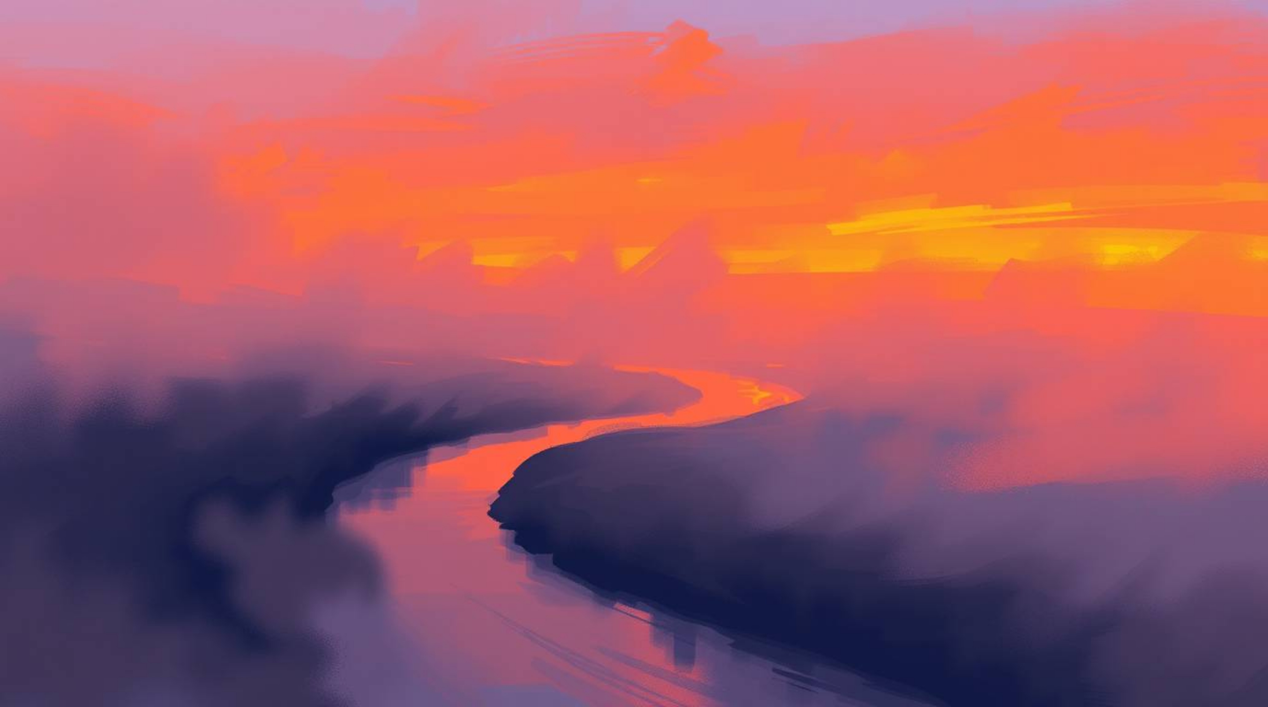 A captivating digital sketch depicting a winding river glowing under a dramatic orange-pink sky. The artwork showcases rough,
